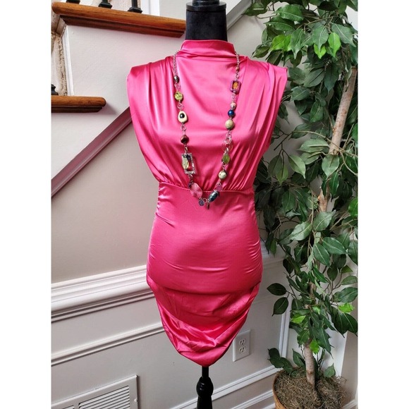 Pink Women's Solid Polyester Mock Neck Sleeveless Knee Length Dress Size Small - Picture 10 of 10